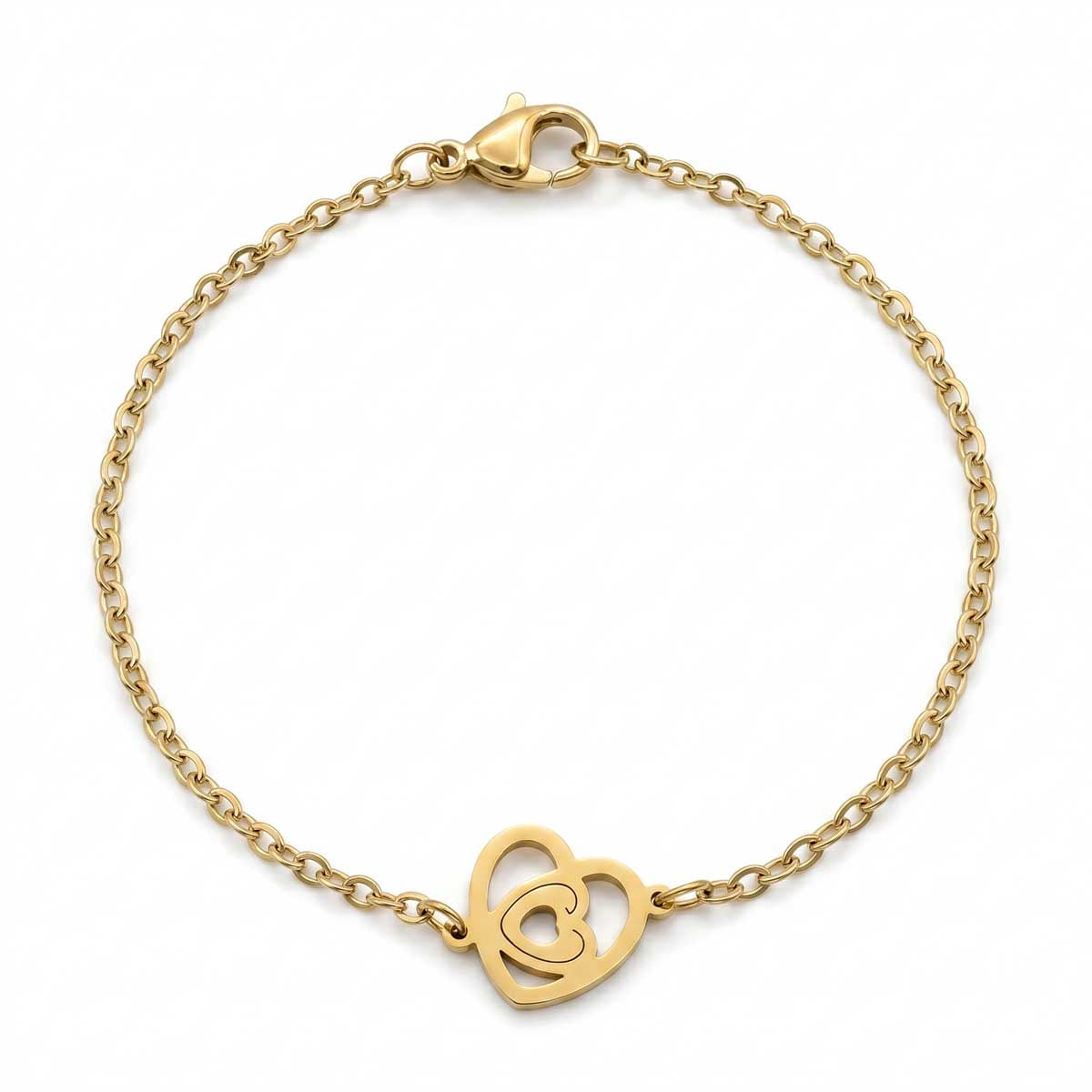 Romantisches goldfarbenes Damen-Armband aus Edelstahl mit einem offenen, mehrteiligen Herz-Anhänger, Hauptfoto