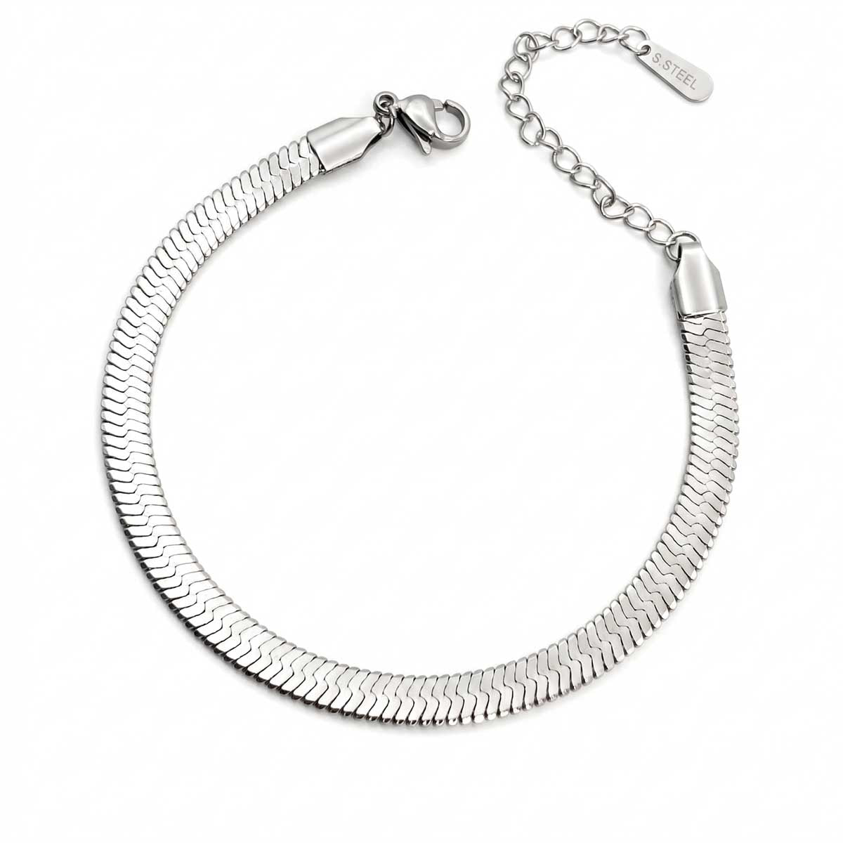 Silberfarbenes Damen-Armband aus Edelstahl im flachen, elegant glänzenden Schlangenketten-Design, Hauptfoto