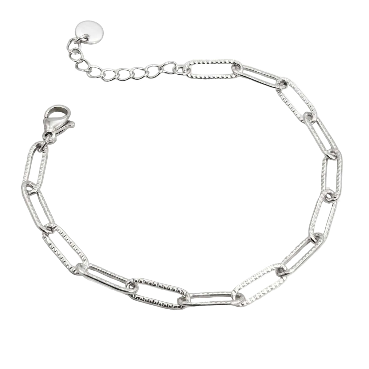 Silberfarbenes Damen-Armband aus Edelstahl mit länglichen, filigran gemusterten Kettengliedern, Hauptfoto