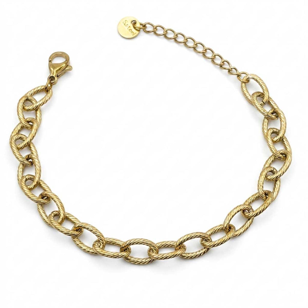 Goldfarbenes Damen-Armband aus Edelstahl mit strukturierten, dicken Kettengliedern im Vintage-Stil, Hauptfoto