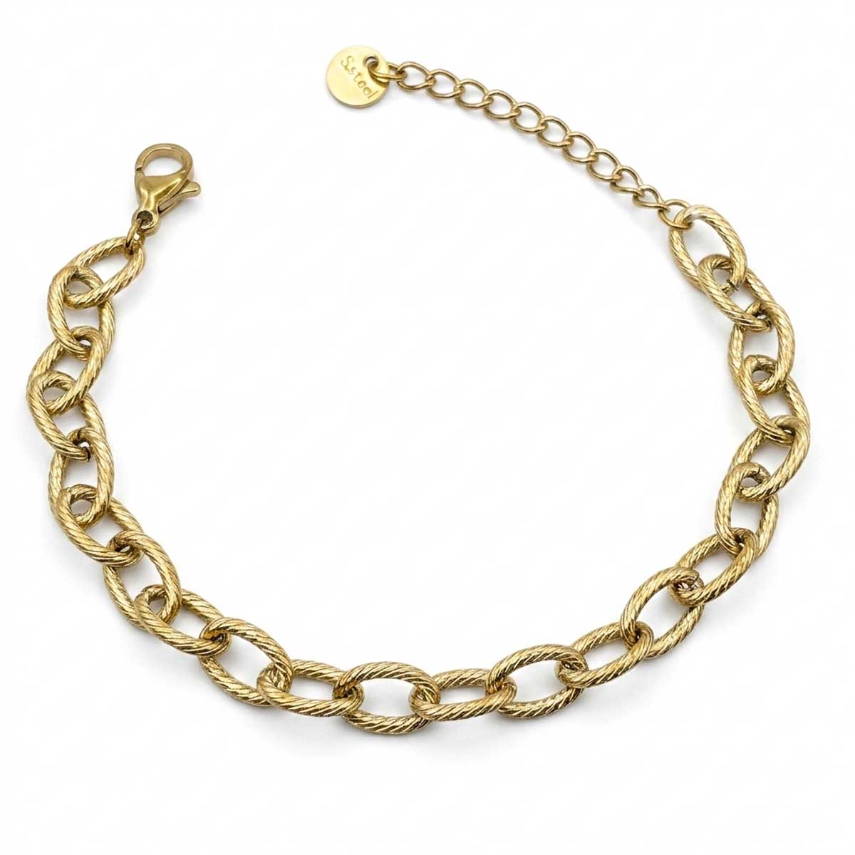 Goldfarbenes Damen-Armband aus Edelstahl mit strukturierten, dicken Kettengliedern im Vintage-Stil, Hauptfoto