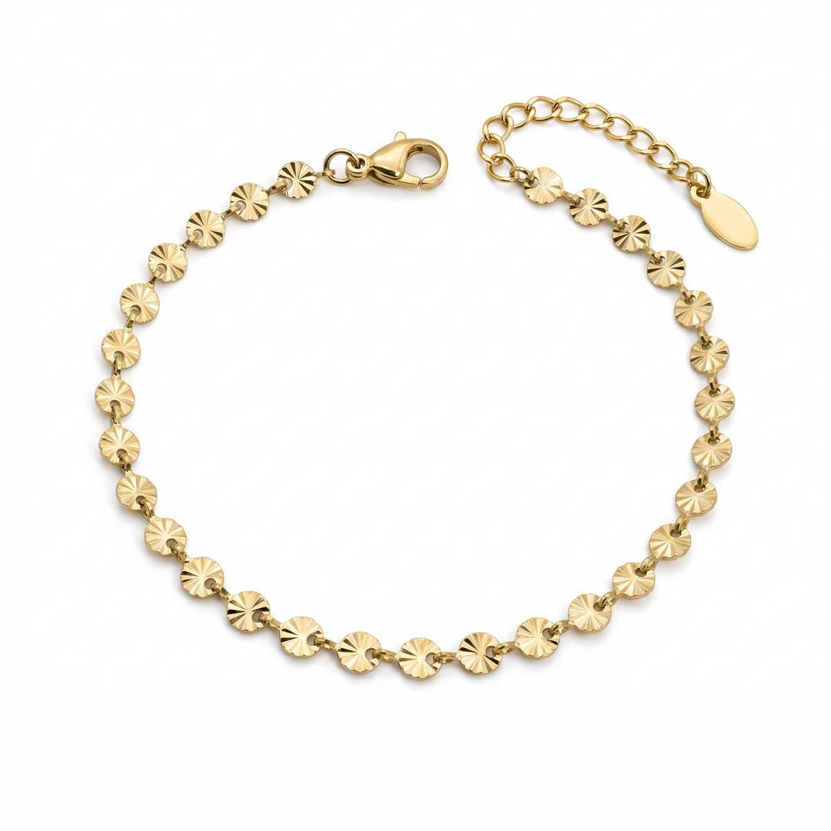 Goldfarbenes Damen-Armband aus Edelstahl, zusammengesetzt aus einer Reihe kleiner, fächerartig strukturierter Plättchen, Hauptfoto