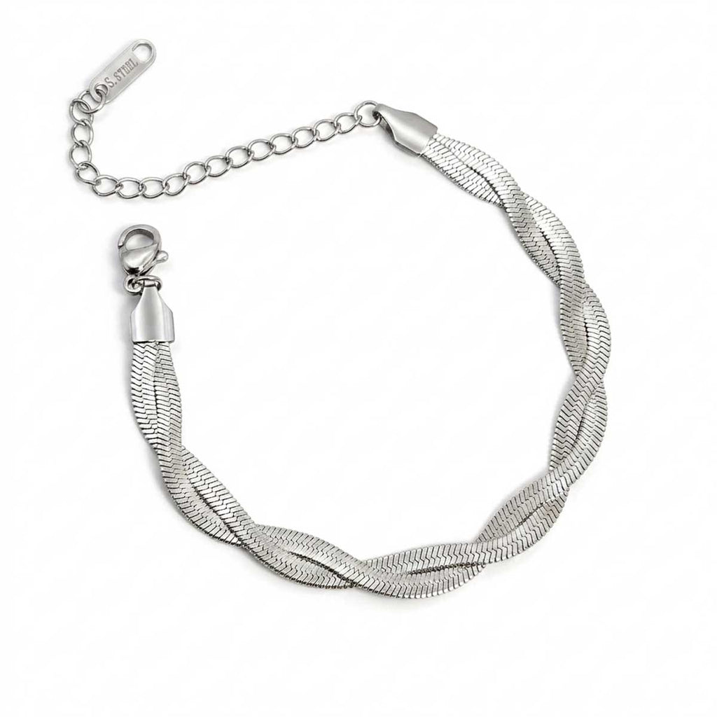 Goldfarbenes Edelstahl-Armband für Damen mit filigranen, flach gedrehten Kettengliedern im minimalistischen Look, Hauptfoto.