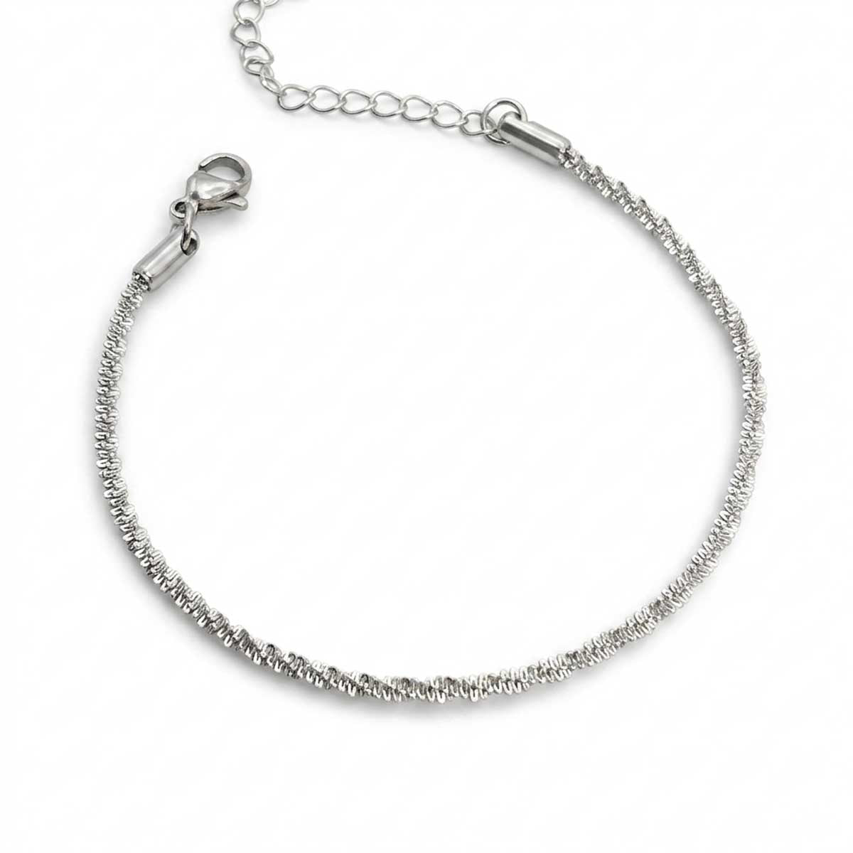 Silberfarbenes Damen-Armband aus Edelstahl mit einer intensiv strukturierten, glitzernden Ketten-Struktur, Haupfoto