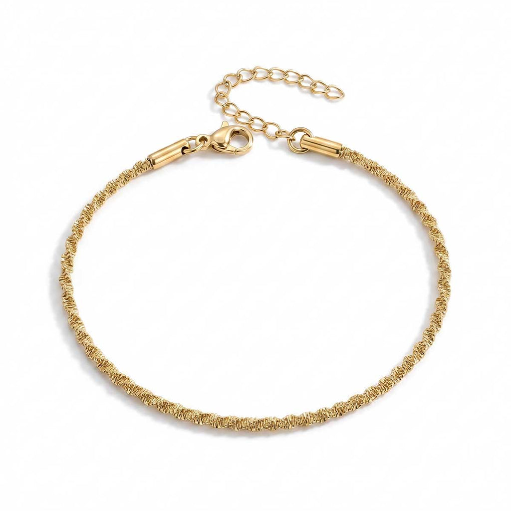 Goldfarbenes Damen-Armband aus Edelstahl mit einer intensiv strukturierten, funkelnden Ketten-Struktur, Hauptfoto