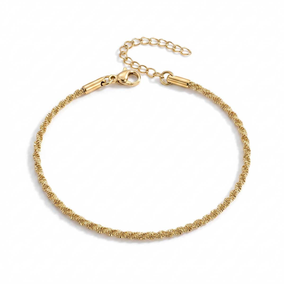 Goldfarbenes Damen-Armband aus Edelstahl mit einer intensiv strukturierten, funkelnden Ketten-Struktur, Hauptfoto