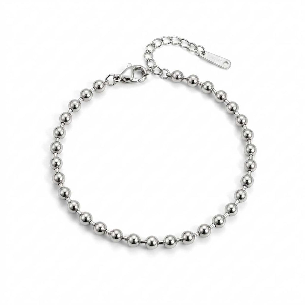 Silberfarbenes Damen-Armband aus Edelstahl, vollständig zusammengesetzt aus glänzenden Metallkugeln, Hauptfoto