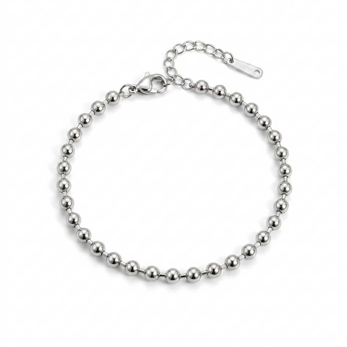 Silberfarbenes Damen-Armband aus Edelstahl, vollständig zusammengesetzt aus glänzenden Metallkugeln, Hauptfoto