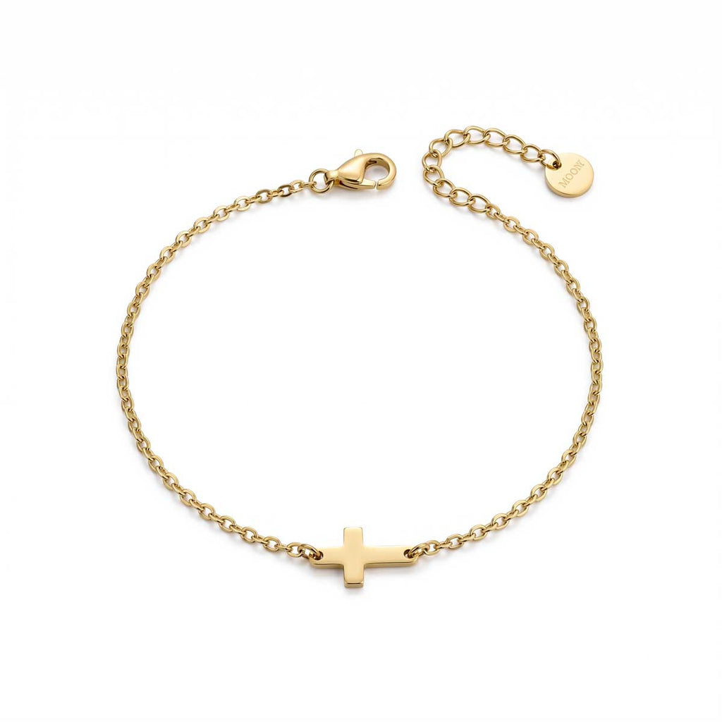 Goldfarbenes Damen-Armband aus Edelstahl mit einem dezenten, horizontal integrierten Kreuz-Anhänger, Hauptfoto