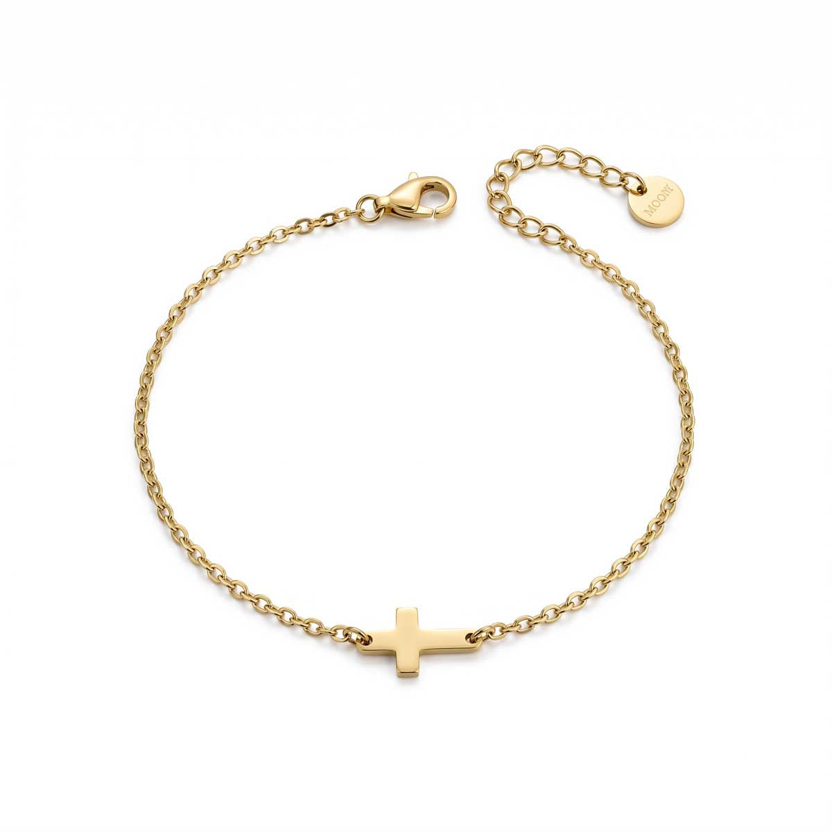 Goldfarbenes Damen-Armband aus Edelstahl mit einem dezenten, horizontal integrierten Kreuz-Anhänger, Hauptfoto