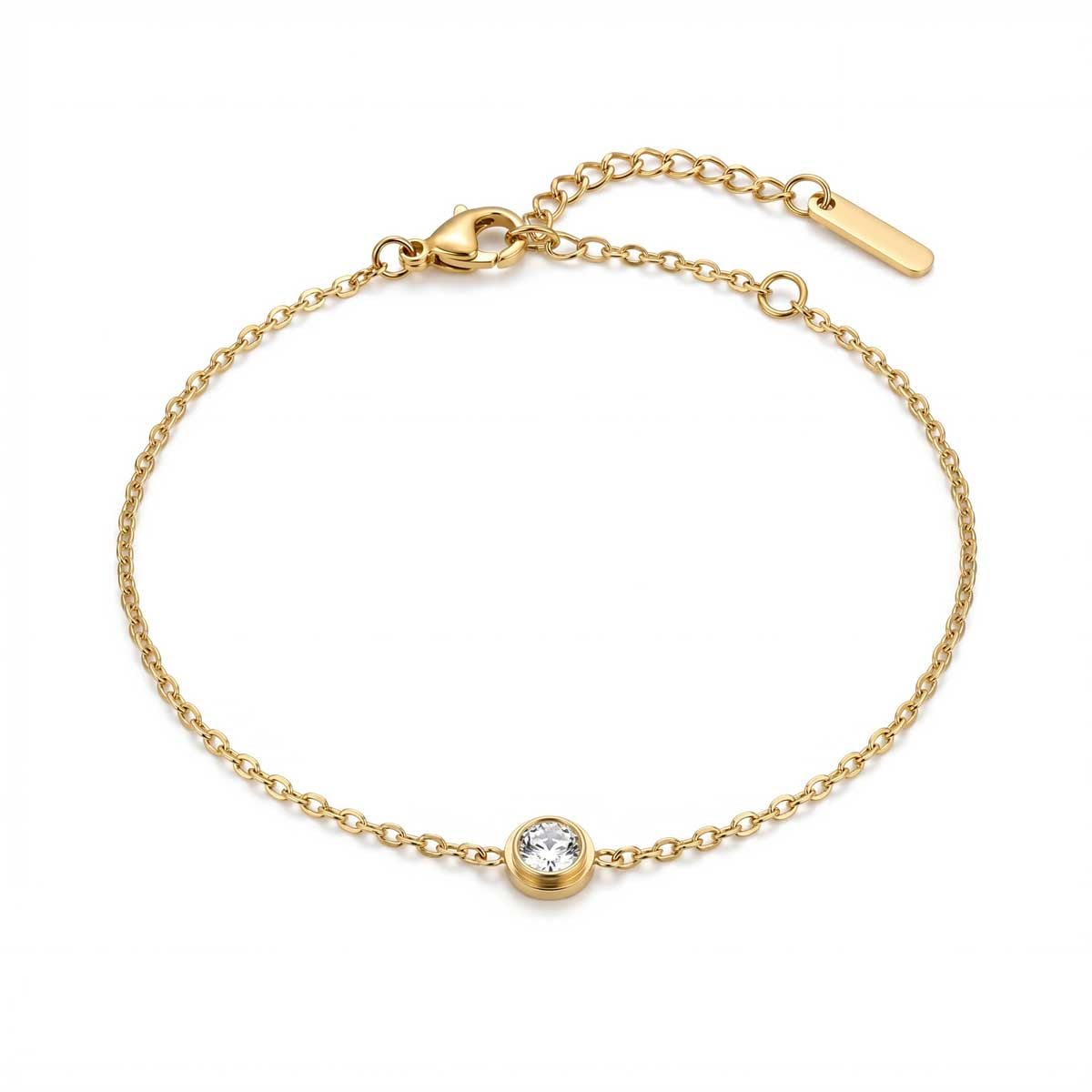 Goldfarbenes Edelstahl-Armband für Damen mit einem kleinen, rund gefassten Zirkonia-Solitär als Zwischenelement, Hauptfoto