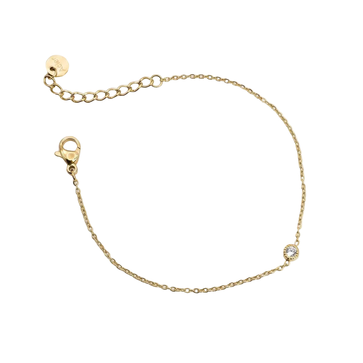 Goldfarbenes Damen-Armband aus Edelstahl aus feiner Kette mit einem winzigen, rund eingefassten Zirkonia-Stein, Hauptfoto