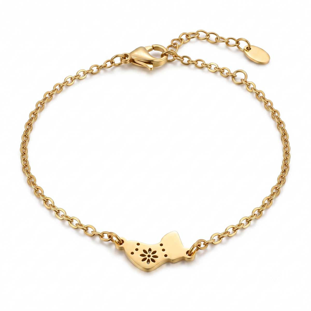 Goldfarbenes Edelstahl-Armband für Damen mit einem festlichen Motiv aus einer Weihnachtssocke, Hauptfoto