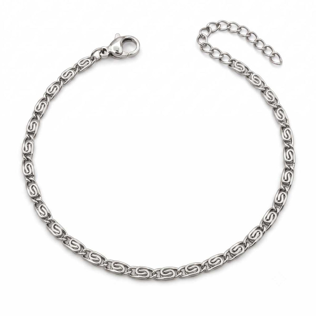 Feines silberfarbenes Edelstahl-Armband für Damen mit gemusterter, gedrehter Kettenstruktur, Hauptfoto