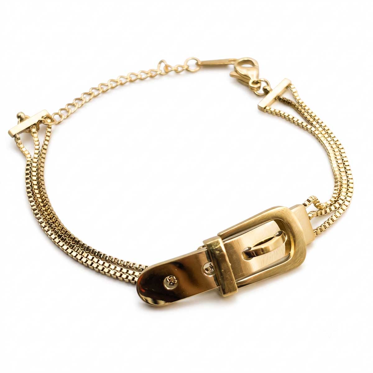 Goldfarbenes Damen-Armband aus Edelstahl mit einer Gürtelschnallen Optik, Hauptfoto