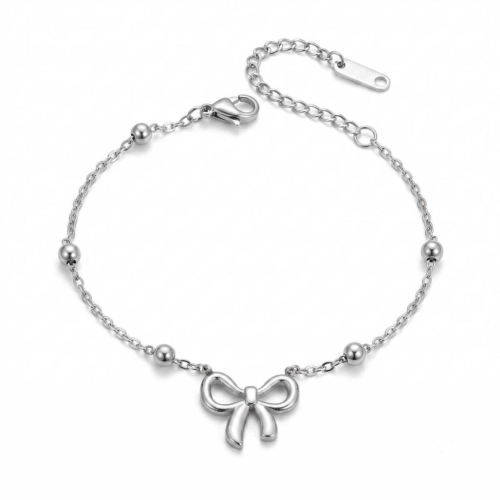 Silberfarbene Damen-Armband aus Edelstahl mit einem Schleifen Anhänger, Hauptfoto