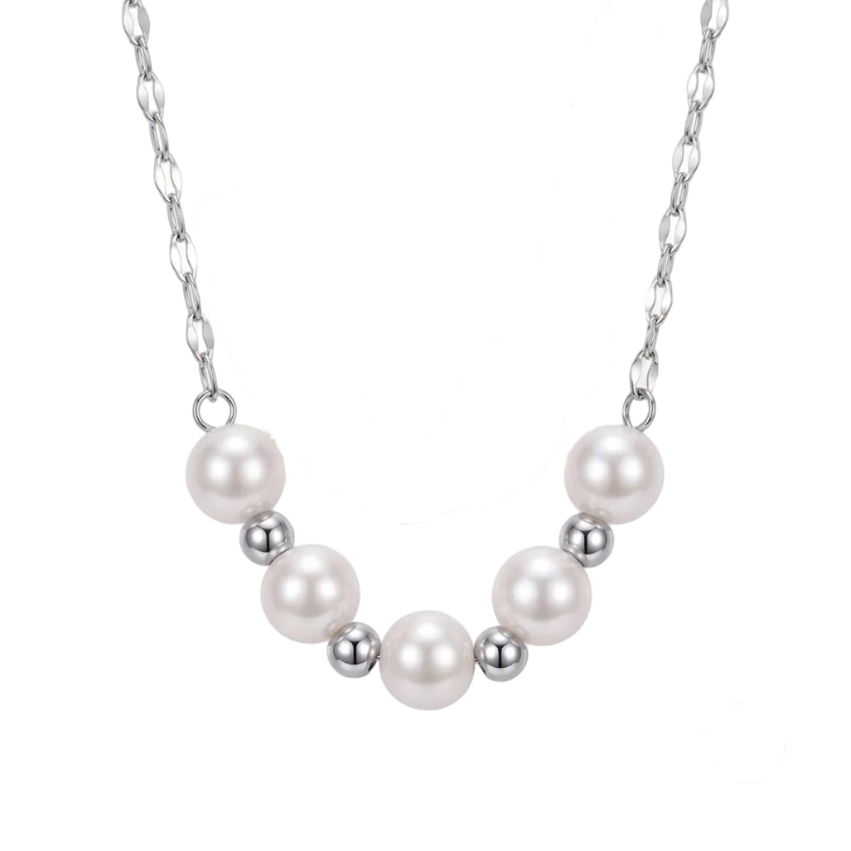 Silberfarbene Edelstahl-Halskette für Damen mit fünf elegant angeordneten, weißen Perlen und kleinen Metallkugeln, Hauptfoto