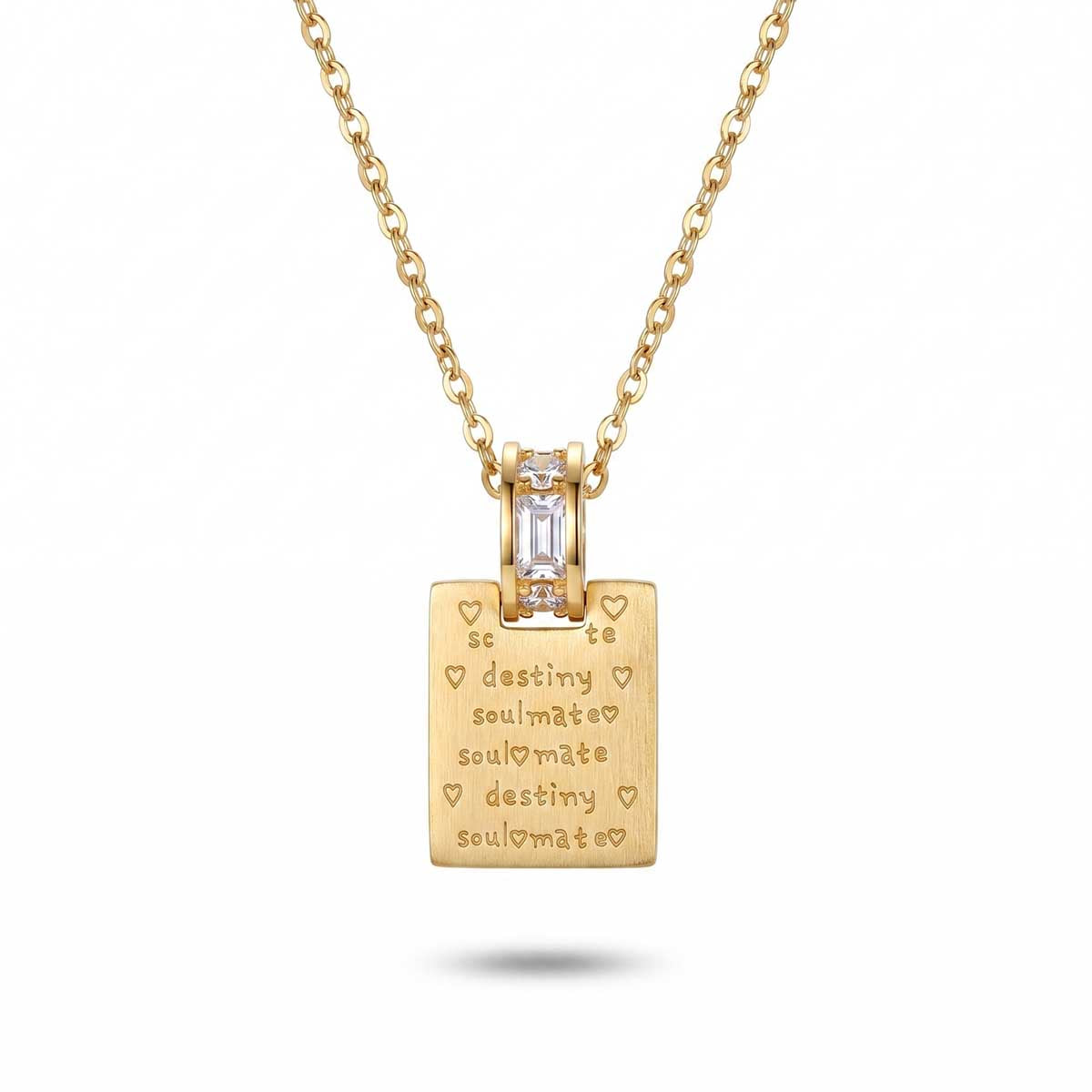 Goldfarbene Damen-Halskette aus Edelstahl mit einer gravierten rechteckigen Plakette und zirkoniabesetzter Öse, Hauptfoto.