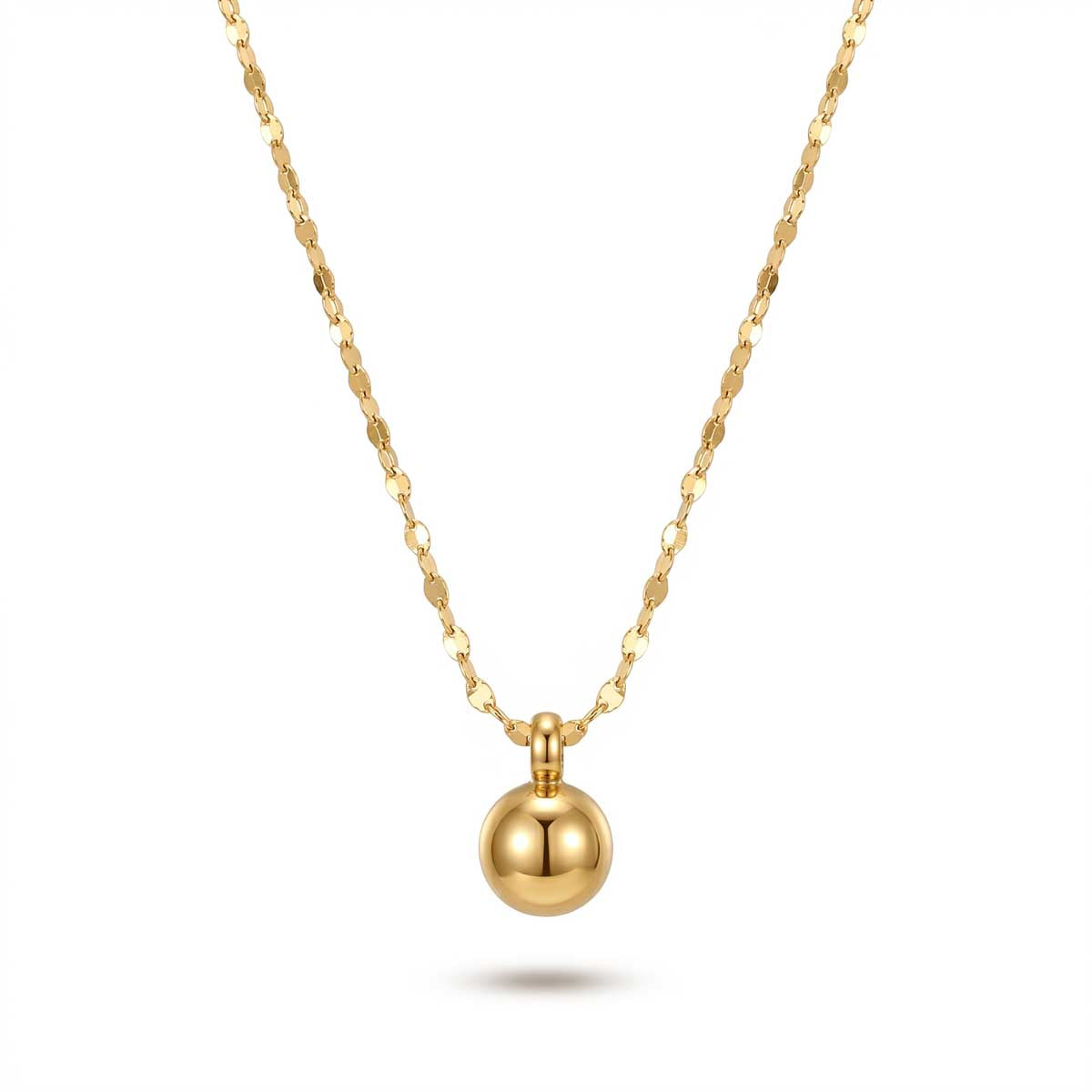 Goldfarbene Damen-Halskette aus Edelstahl mit einer schlichten, glänzenden Metallkugel an einer feinen Kette, Hauptfoto