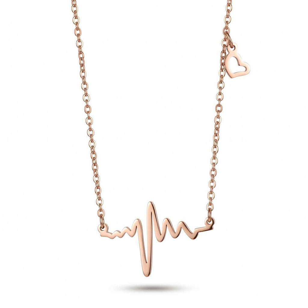 Rosegoldfarbene Edelstahl-Halskette für Damen mit einem integrierten Herzfrequenz-Motiv und einem kleinen Herz-Charm, Hauptfoto.