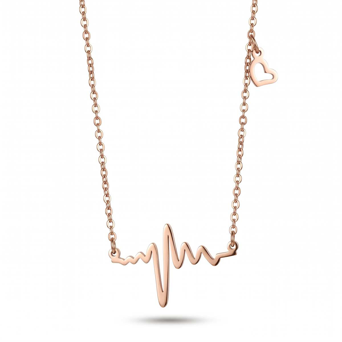 Rosegoldfarbene Edelstahl-Halskette für Damen mit einem integrierten Herzfrequenz-Motiv und einem kleinen Herz-Charm, Hauptfoto.