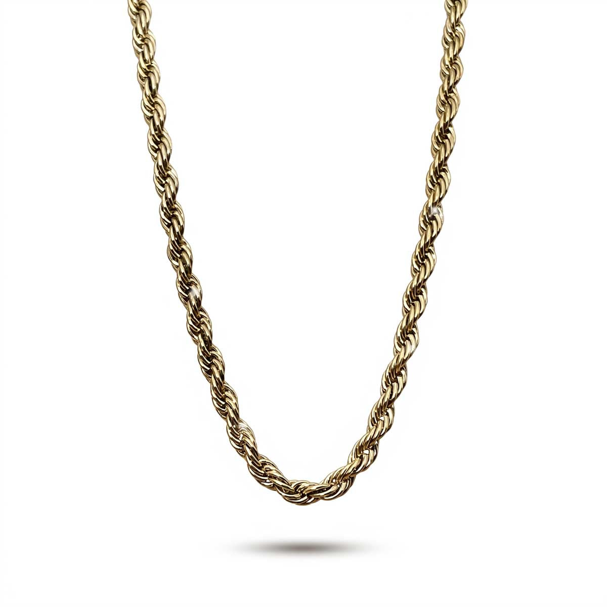 Goldfarbene Damen-Halskette aus Edelstahl mit einer elegant gedrehten Kordelketten-Struktur, Hauptfoto.