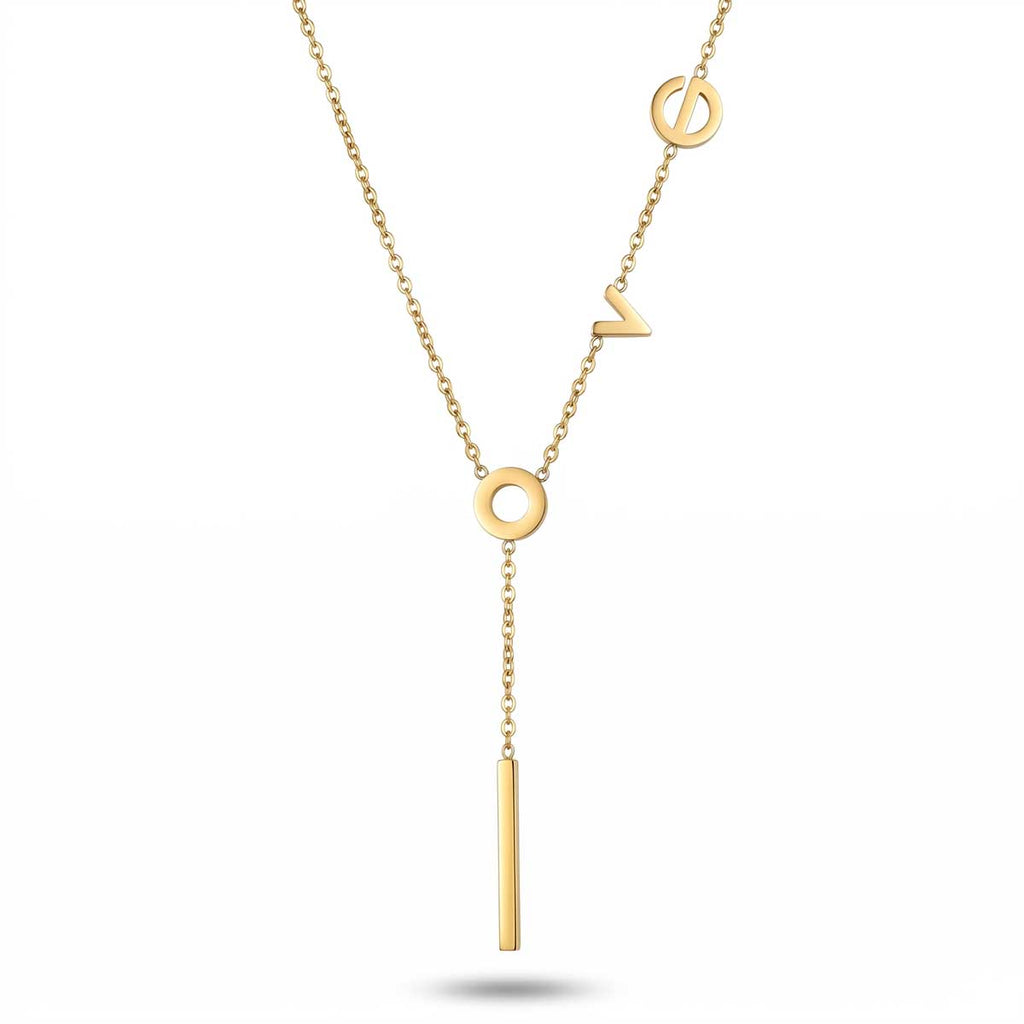 Goldfarbene Damen-Halskette aus Edelstahl im Y-Look mit integrierten LOVE-Buchstaben und hängendem Stab-Element, Hauptfoto