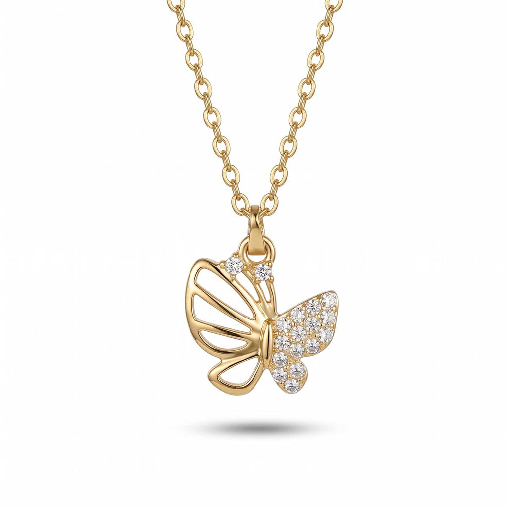 Goldfarbene Damen-Halskette aus Edelstahl mit einem kunstvollen Schmetterlings-Anhänger, dessen Flügel mit Zirkonia besetzt sind, Hauptfoto