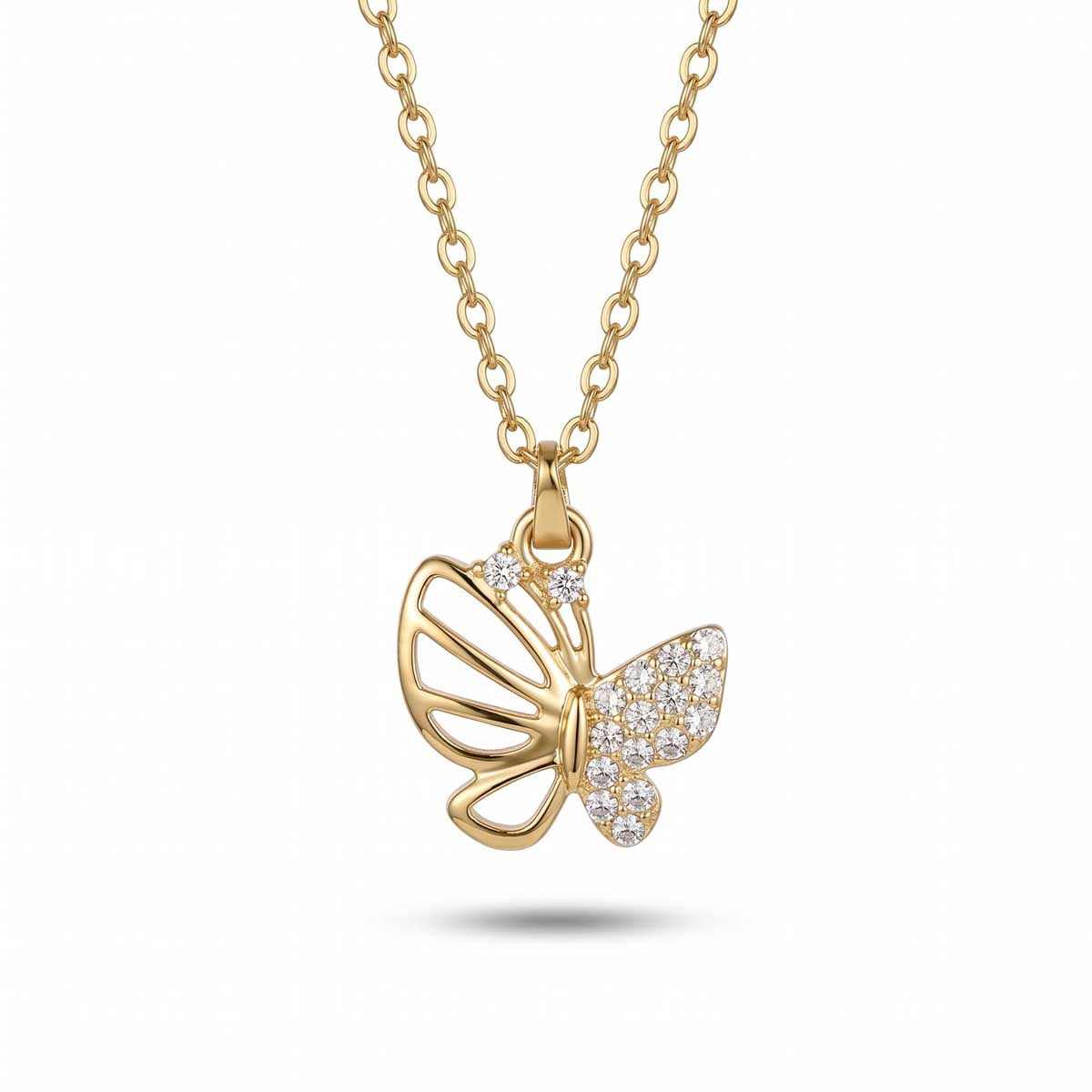 Goldfarbene Damen-Halskette aus Edelstahl mit einem kunstvollen Schmetterlings-Anhänger, dessen Flügel mit Zirkonia besetzt sind, Hauptfoto