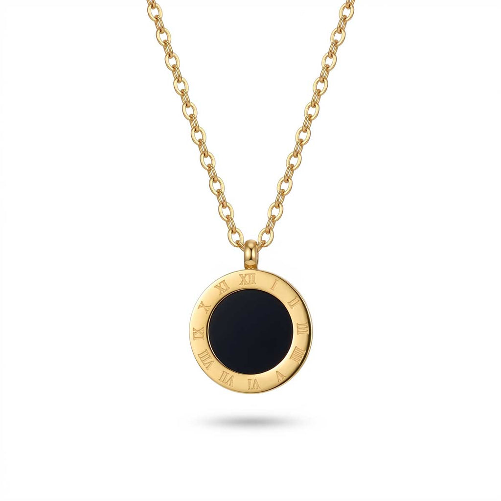 Goldfarbene Damen-Halskette aus Edelstahl mit einem runden Anhänger in schwarzer Onyx-Optik und gravierten römischen Ziffern, Hauptfoto