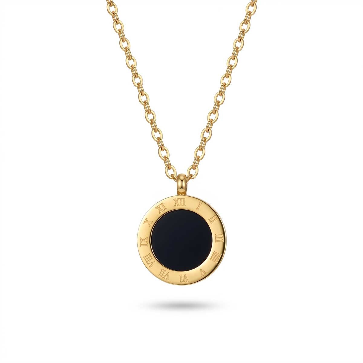 Goldfarbene Damen-Halskette aus Edelstahl mit einem runden Anhänger in schwarzer Onyx-Optik und gravierten römischen Ziffern, Hauptfoto