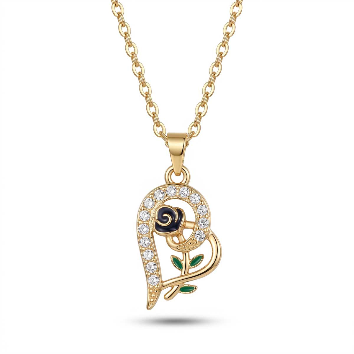 Goldfarbene Damen-Halskette aus Edelstahl mit einem geschwungenen Herz-Anhänger, verziert mit einer kleinen Rose und Zirkonia, Hauptfoto