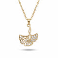 Goldfarbene Damen-Halskette aus Edelstahl mit einem elegant gefächerten Ginkgoblatt-Anhänger und feinem Zirkonia-Besatz, Hauptfoto.