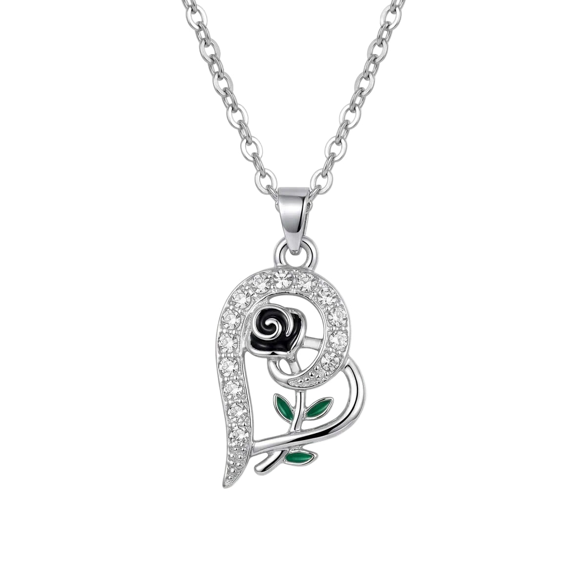 Silberfarbene Damen-Halskette aus Edelstahl mit einem geschwungenen Herz-Anhänger, verziert mit einer kleinen Rose und Zirkonia, Hauptfoto