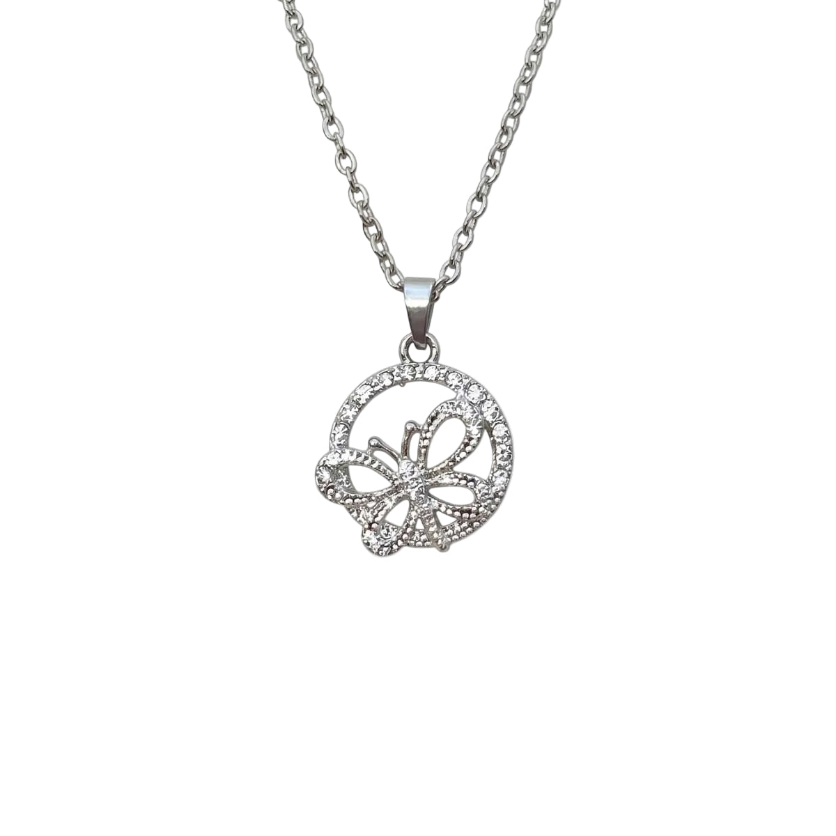 Silberfarbene Damen-Halskette aus Edelstahl mit einer runden, zirkoniabesetzten Plakette und integriertem Schmetterling-Motiv, Hauptfoto