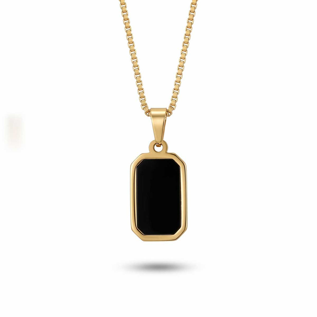 Goldfarbene Damen-Halskette aus Edelstahl mit einem rechteckigen Anhänger in glänzender, schwarzer Onyx-Optik, Hauptfoto.