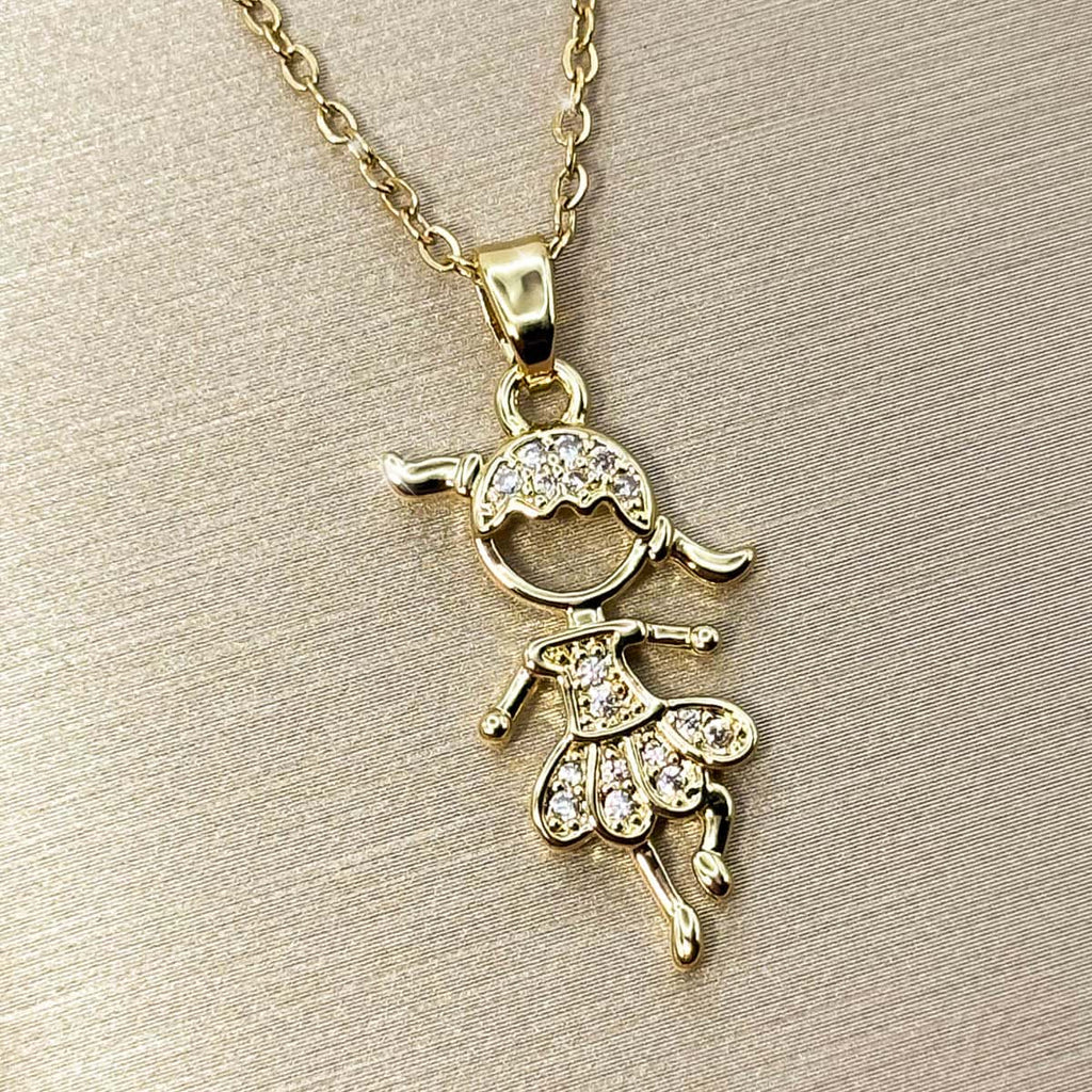 Goldene Kette mit Anhänger in Form eines tanzenden Mädchens, seitliche Ansicht.