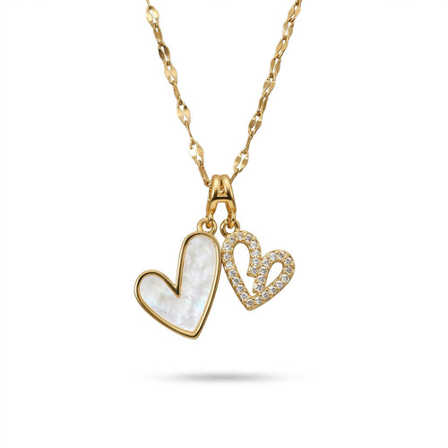 Damen Halskette mit zwei Herz-Anhängern, ein Herz in edler Perlmutt-Optik und ein Herz im Cut-Out-Design mit glitzerndem Zirkonia Besatz, Hauptfoto.