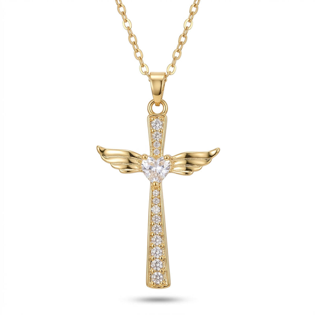 Damen Halskette mit einem eleganten Kreuz-Anhänger, besetzt mit Zirkonia-Steinen, seitlichen Engelsflügeln und einem zentralen Zirkonia-Herz, Hauptfoto.