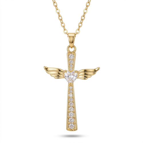 Damen Halskette mit einem eleganten Kreuz-Anhänger, besetzt mit Zirkonia-Steinen, seitlichen Engelsflügeln und einem zentralen Zirkonia-Herz, Hauptfoto.