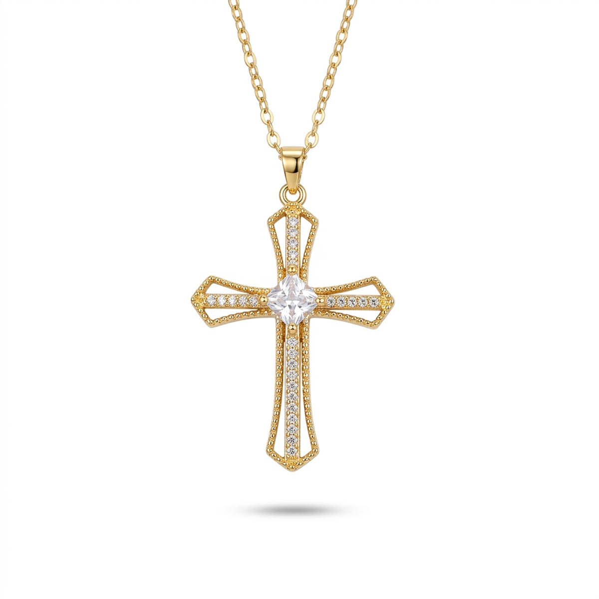 Damen Halskette mit elegantem Kreuz-Anhänger, feiner Zirkonia-Spur und einem quadratischen Zirkonia-Stein im Zentrum, Hauptfoto.