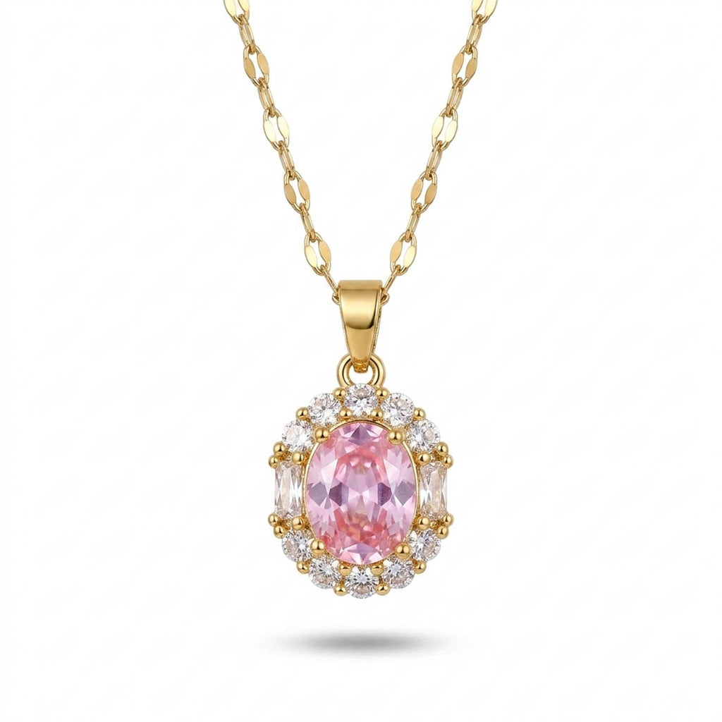 Halskette mit ovalem Anhänger, besetzt mit einem großen rosa Zirkonia-Stein und einem Kranz aus klaren Steinen, Hauptfoto.