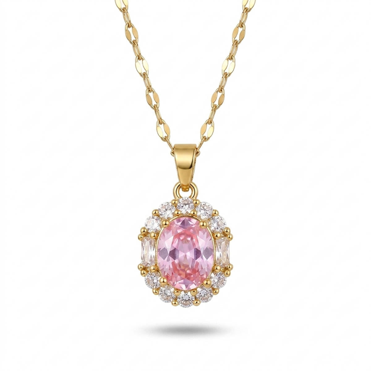 Halskette mit ovalem Anhänger, besetzt mit einem großen rosa Zirkonia-Stein und einem Kranz aus klaren Steinen, Hauptfoto.