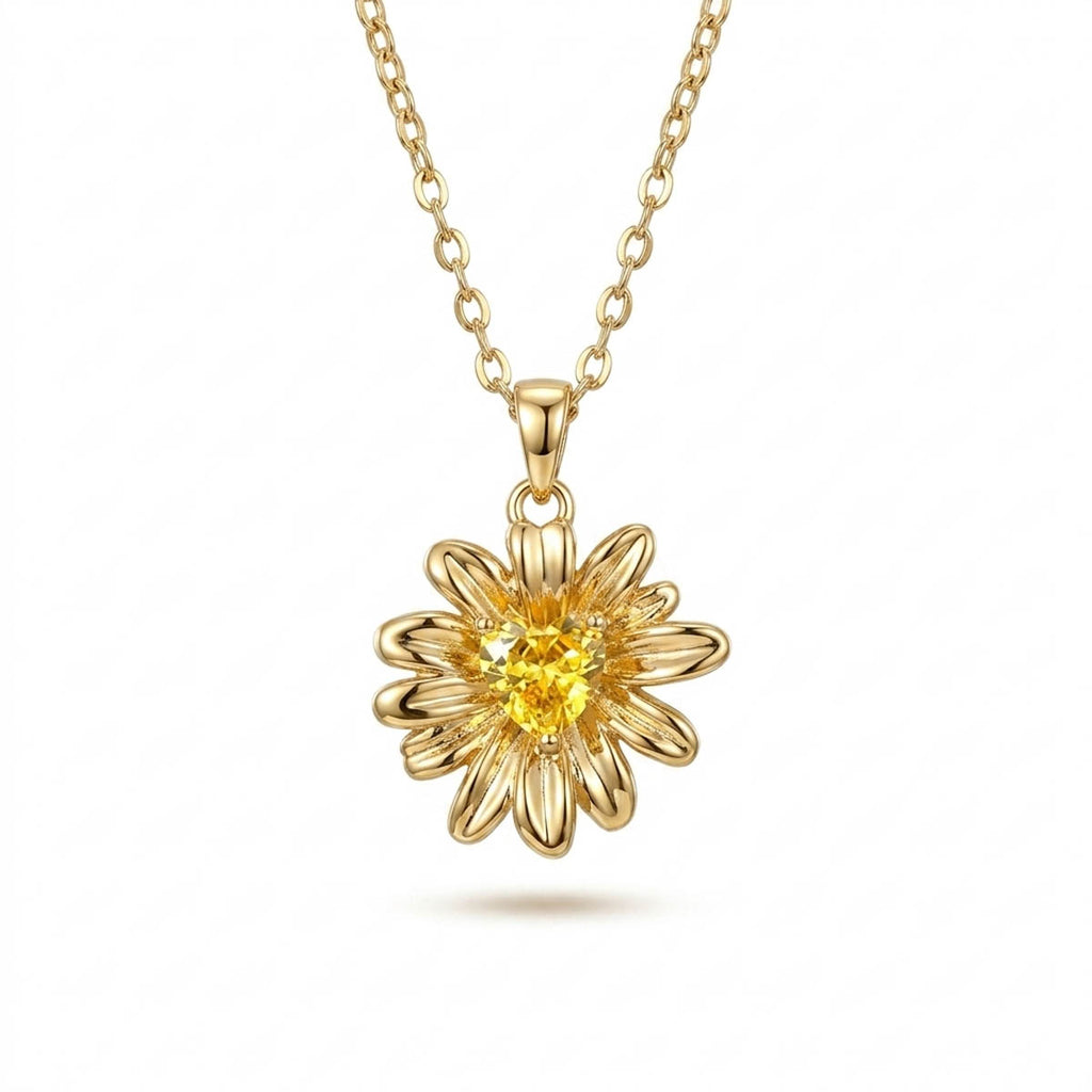 Halskette mit detailreichem Sonnenblumen-Anhänger und einem leuchtend gelben Zirkonia-Stein im Zentrum, Hauptfoto.