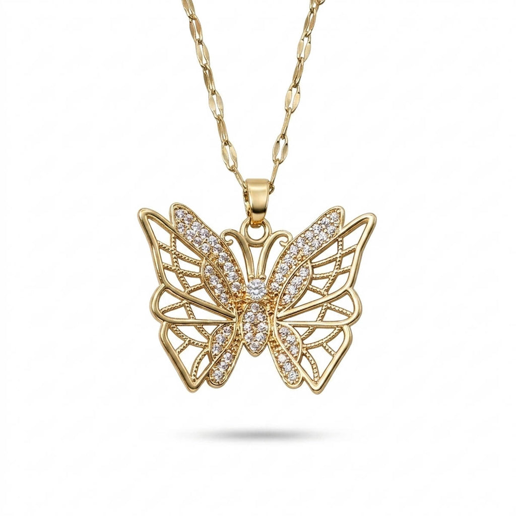 Damen Halskette mit großem Schmetterlings-Anhänger im filigranen Cut-Out-Design, verziert mit feinen Zirkonia-Steinen, Hauptfoto