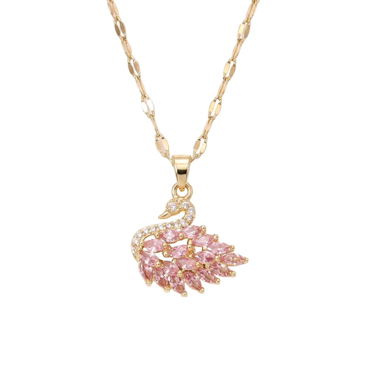 Goldfarbene Damen-Halskette aus Edelstahl mit einem detailreichen Schwan-Anhänger, elegant besetzt mit rosa und weißen Zirkonia-Steinen, Hauptfoto