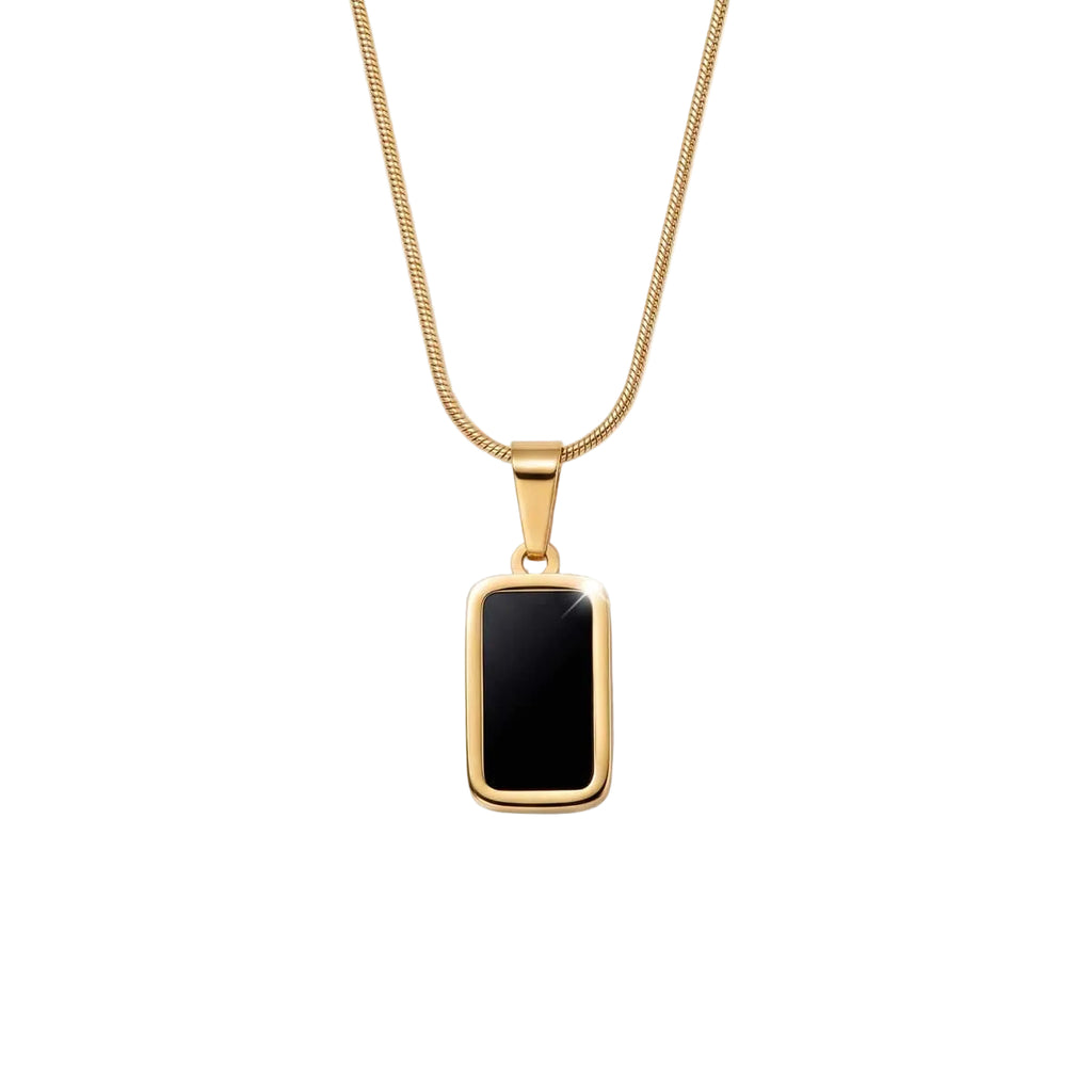 Goldfarbene Edelstahl-Halskette für Damen an feiner Schlangenkette mit einem rechteckigen Anhänger in schwarzer Onyx-Optik, Hauptfoto