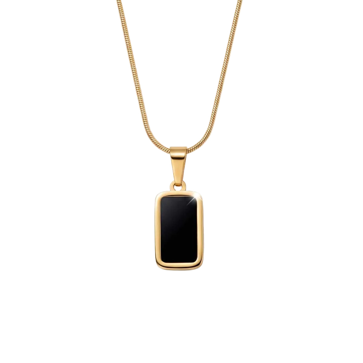 Goldfarbene Edelstahl-Halskette für Damen an feiner Schlangenkette mit einem rechteckigen Anhänger in schwarzer Onyx-Optik, Hauptfoto