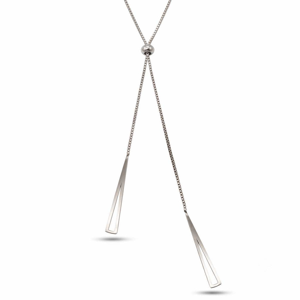Silberfarbene Damen-Halskette aus Edelstahl im minimalistischen Y-Design mit verstellbarer Perle und zwei hängenden, geometrischen Dreiecks-Elementen, Hauptfoto