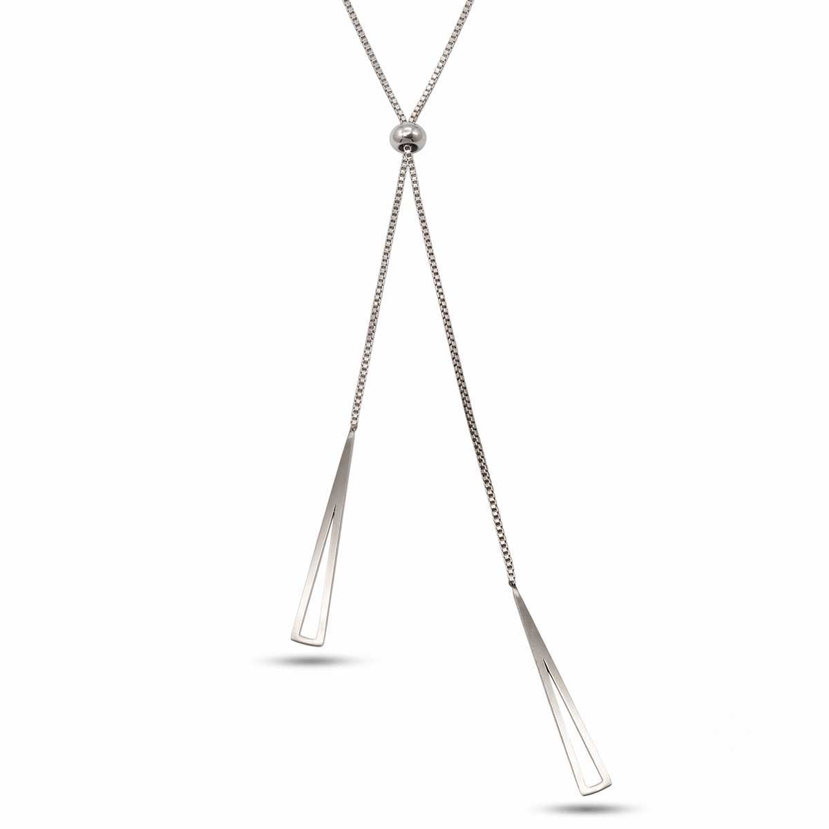 Silberfarbene Damen-Halskette aus Edelstahl im minimalistischen Y-Design mit verstellbarer Perle und zwei hängenden, geometrischen Dreiecks-Elementen, Hauptfoto